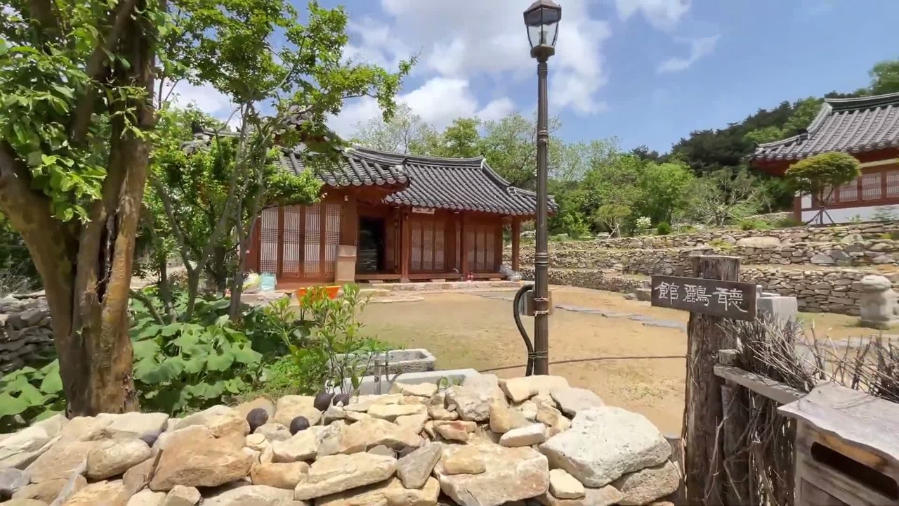 돌담과 나무 사이로 보이는 외암마을 한옥 외관
